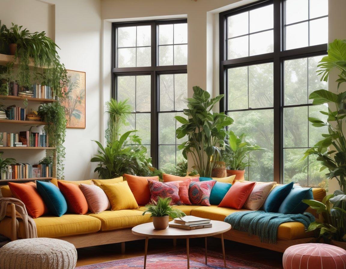 A serene living space filled with lush plants, soft natural light pouring through large windows, comfortable seating with colorful cushions, a cozy reading nook adorned with books, and joyful community members engaging in a friendly gathering outside. super-realistic. vibrant colors. warm tones.