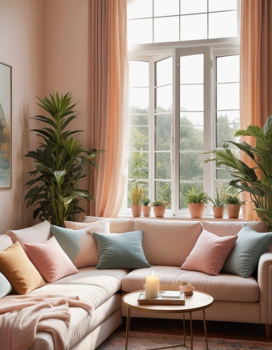 A serene interior scene showcasing a cozy living room adorned with soft pastel colors, warm lighting, lush plants, and plush textiles. Include elements like a comfortable sofa with decorative pillows, a fragrant candle on a coffee table, and a large window with natural light streaming in. Add subtle details like a cat lounging in a sunbeam and a bookshelf filled with inspiring books. serene, inviting, homey ambiance. super-realistic. soft colors.