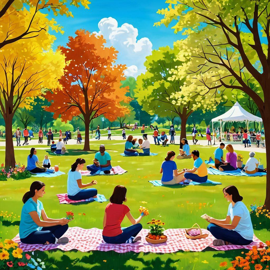 A vibrant community park scene filled with diverse groups of people joyfully interacting, engaging in various activities like picnics, gardening, and playing games. The background showcases colorful blooming flowers, cheerful trees, and sunny skies, creating a warm, inviting atmosphere. Emphasize a sense of togetherness and happiness among the people. cartoon style. bright colors. soft focus.